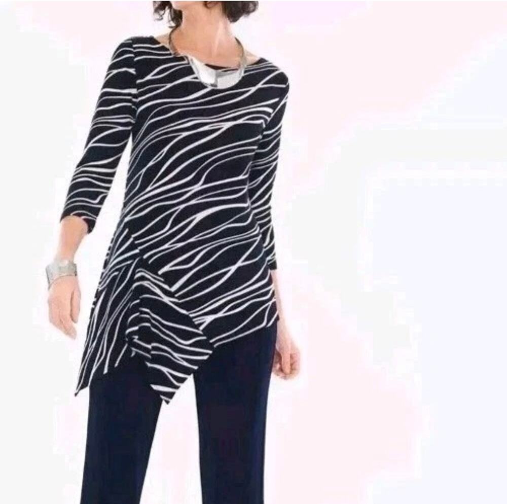 Chico's Travelers Asymmetrical Hem Waves Print Tunic Top Black Chico 2 US 12